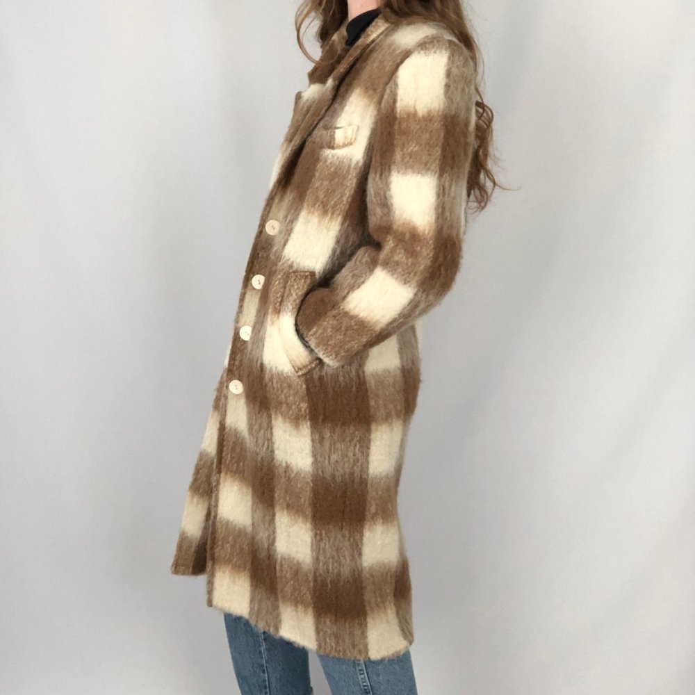 Stunning Vintage Plaid Mohair Wool Long Oversized Trench Shacket Jacket Pea Coat - Picture 8 of 10